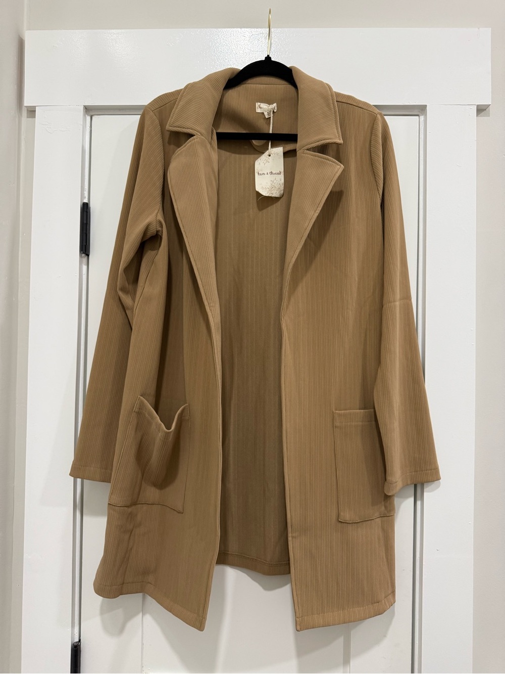 Hem & Thread Camel Open-Front Long Blazer